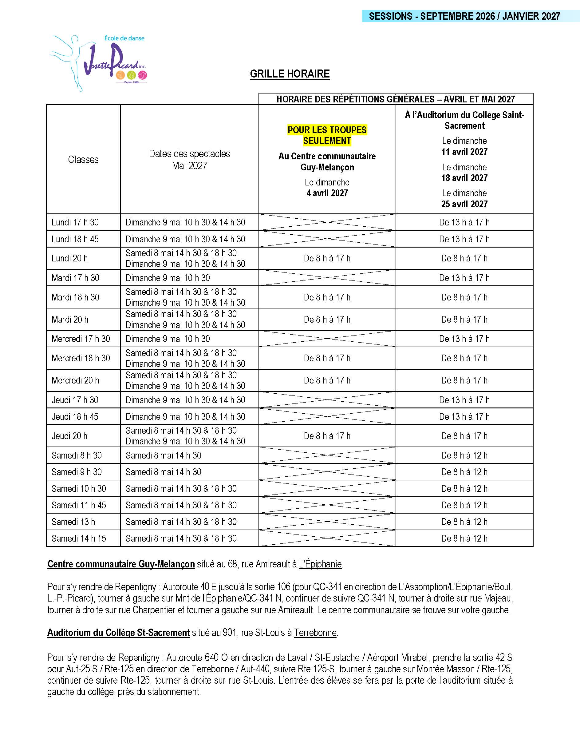 Grille Horaire 2026-2027