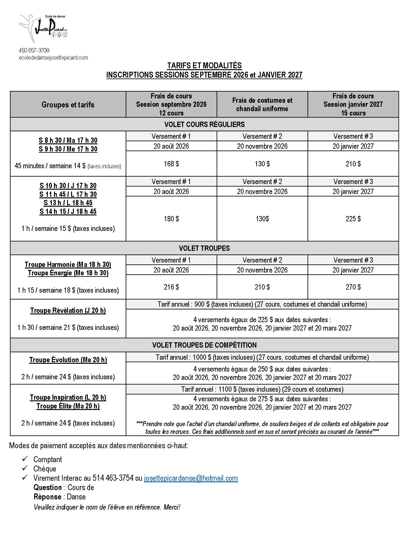 Tarif d'inscription